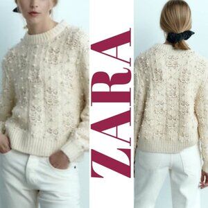 ZARA PEARL EMBELLISHED WOOL BLEND DISTRESSED CREW NECK CHUNKY SWEATER IVORY, M